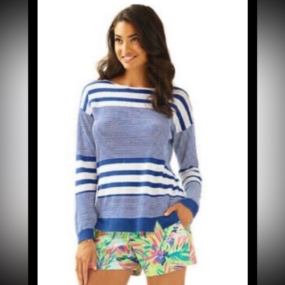LILLY PULITZER Sweater Camilla Linen Pullover Blue White Striped Lightweight